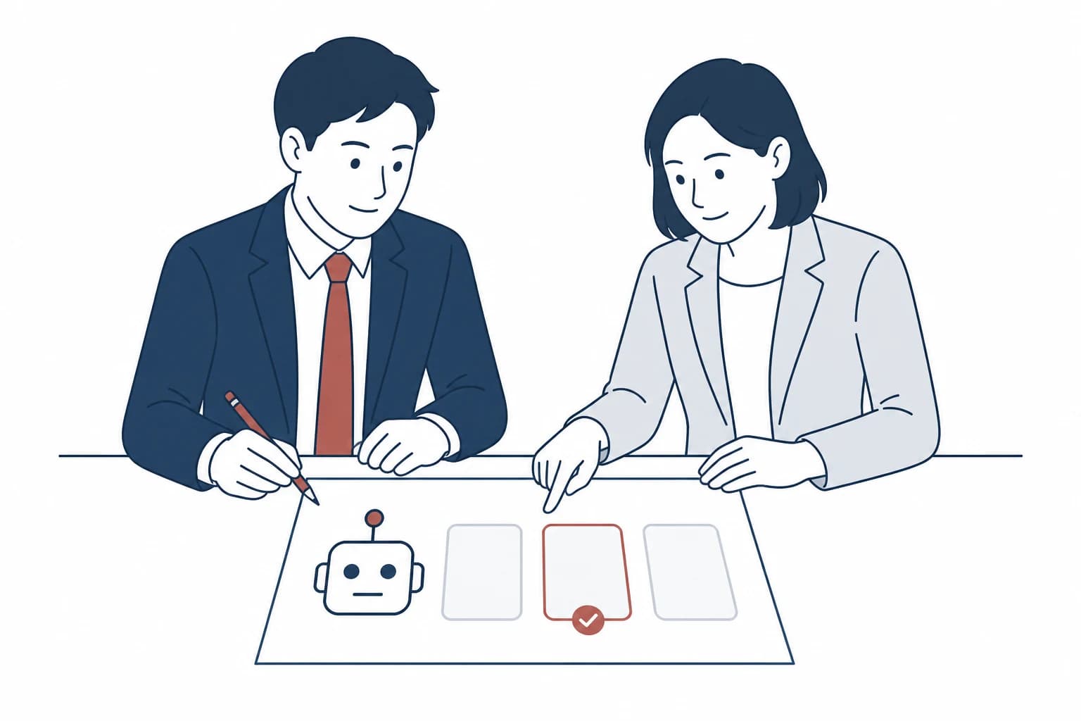 AI活用の候補を3つから1つに絞る資料を前に、担当者と支援者が並んで相談するイメージ