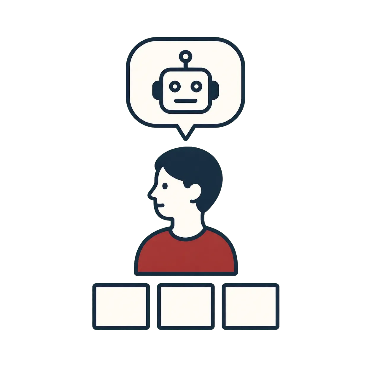 ロボットの図を含む依頼を受け、三つの候補業務を考える担当者のイメージ