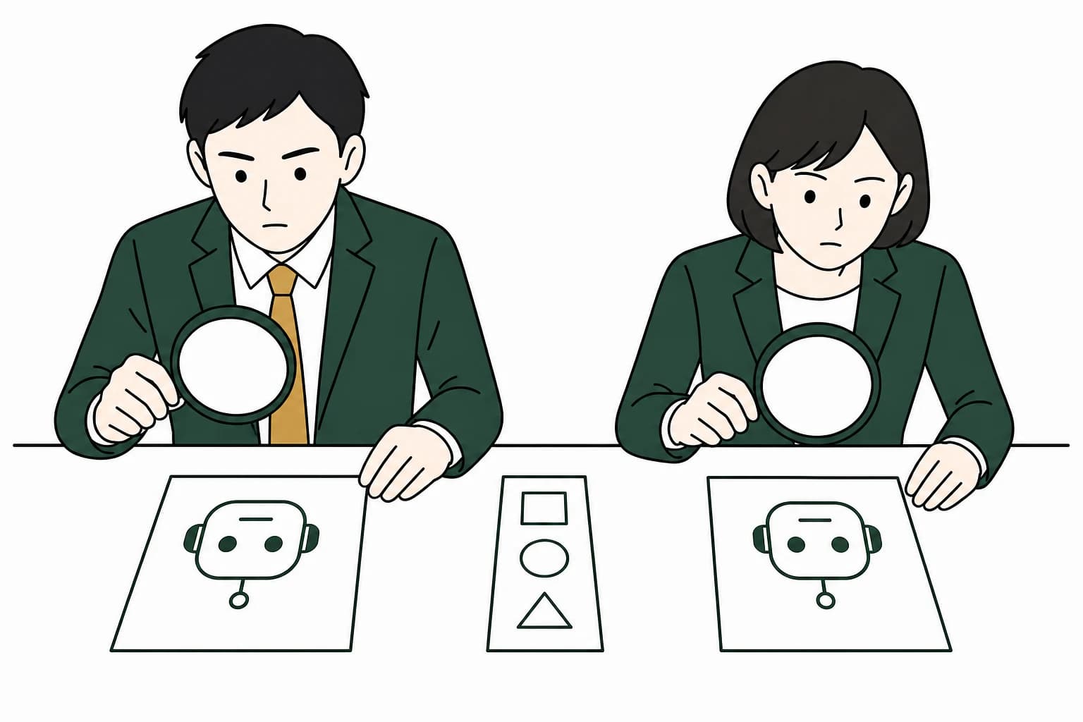二人の担当者が、AIの企業調査と元の情報を並べて確認しているイメージ