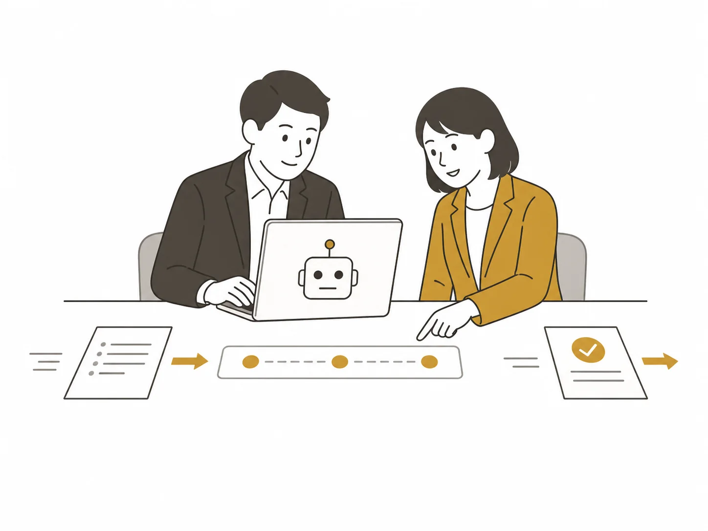 担当者と支援者が横に並び、一台のパソコンで会議メモから共通手順と確認済みの出力を整えるイメージ